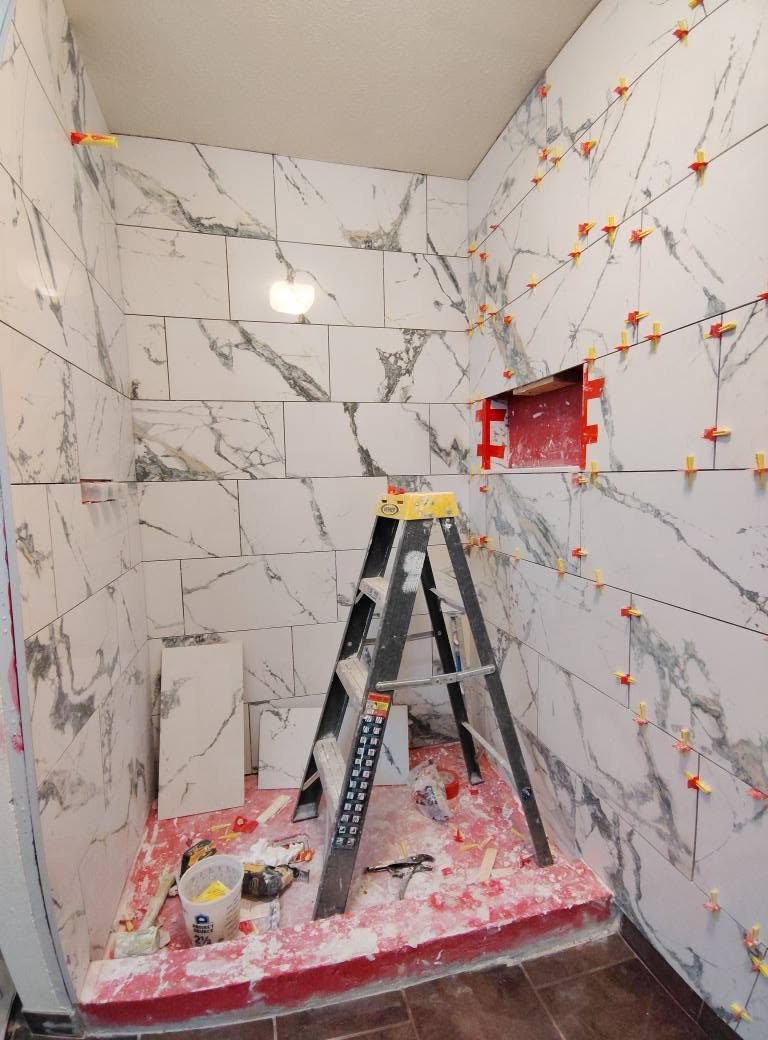 Marble Shower — Mid-Install — Chess Remodels project